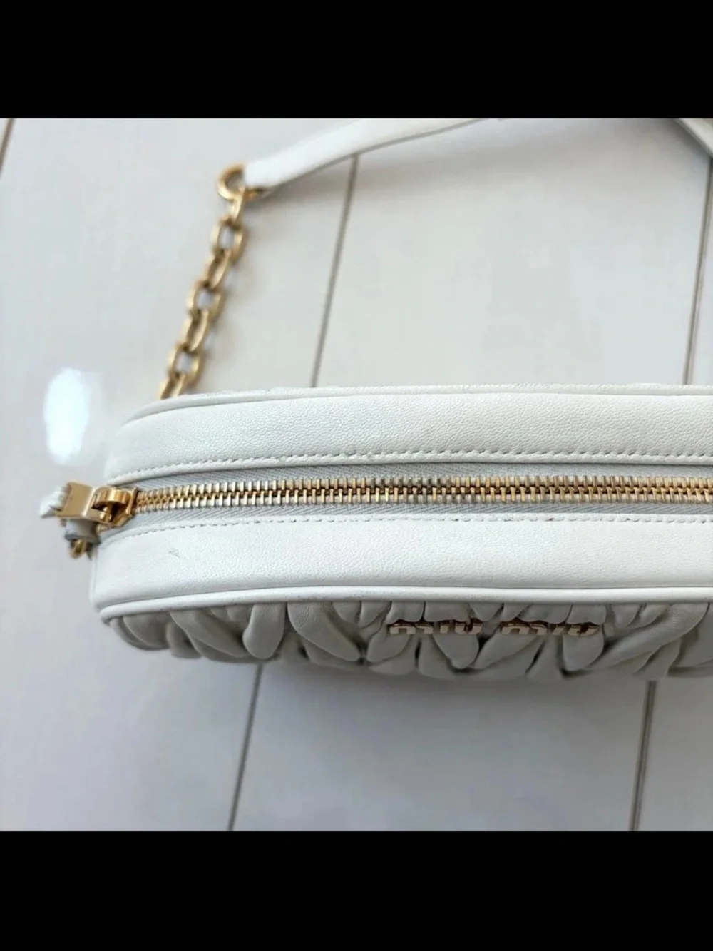 Miu Miu White Quilted Oval Crossbody with Gold Chain